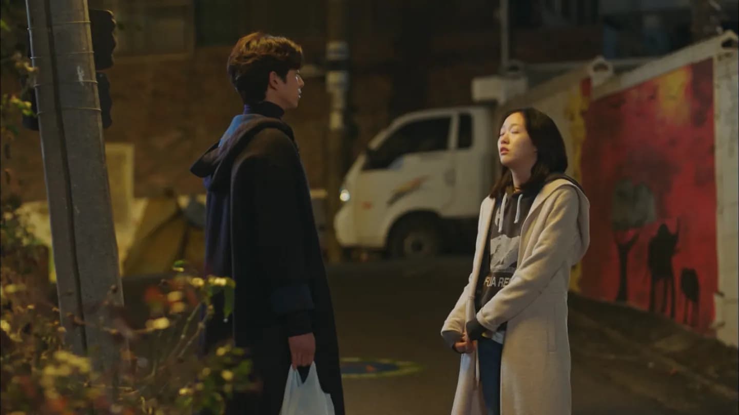 Yellow wall street scene with Eun-tak and the Goblin