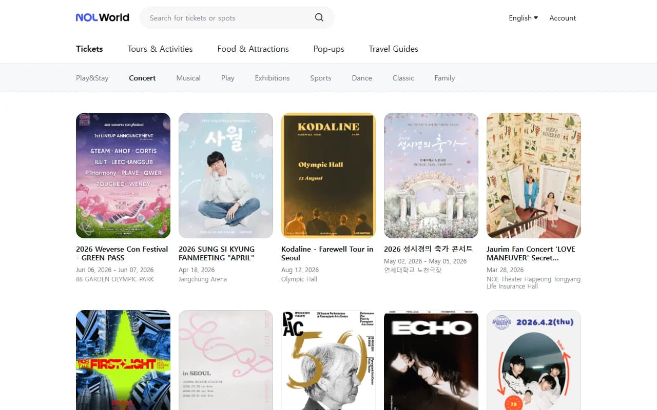 NOL World concert listing page showing K-pop events available for international ticket purchase