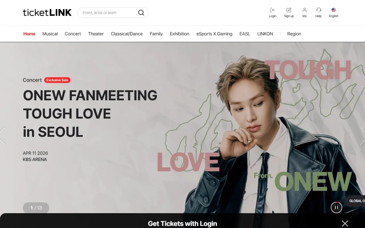 TicketLink Global English page showing K-pop concert ticket sales