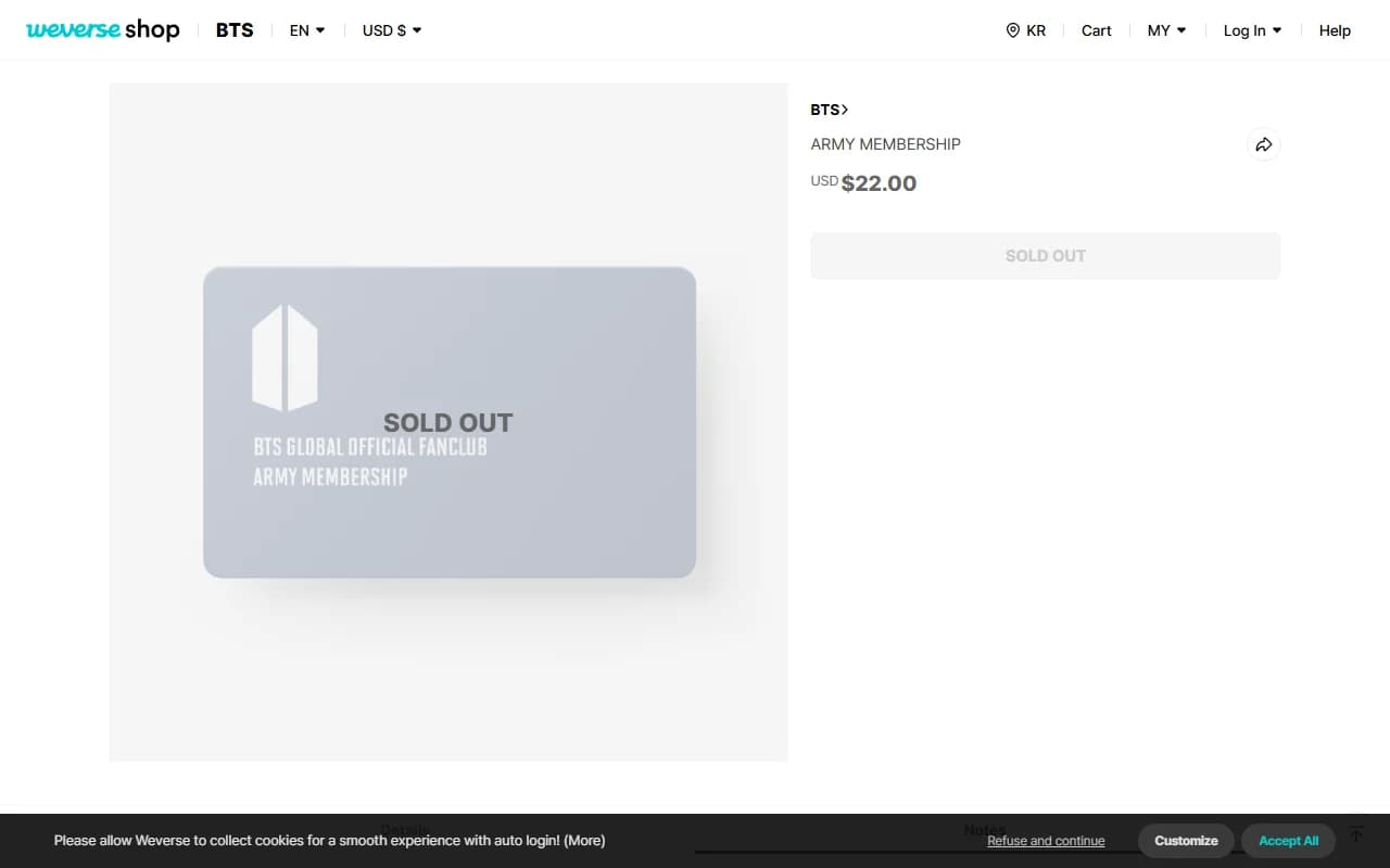 Weverse Shop BTS ARMY Membership page showing $22 USD annual fan club membership