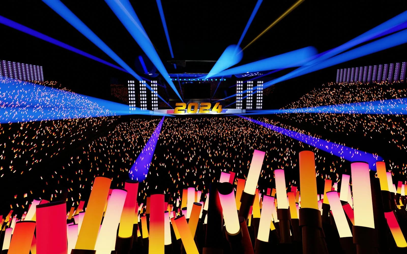 Wide shot of K-pop concert audience with lightstick wave effect