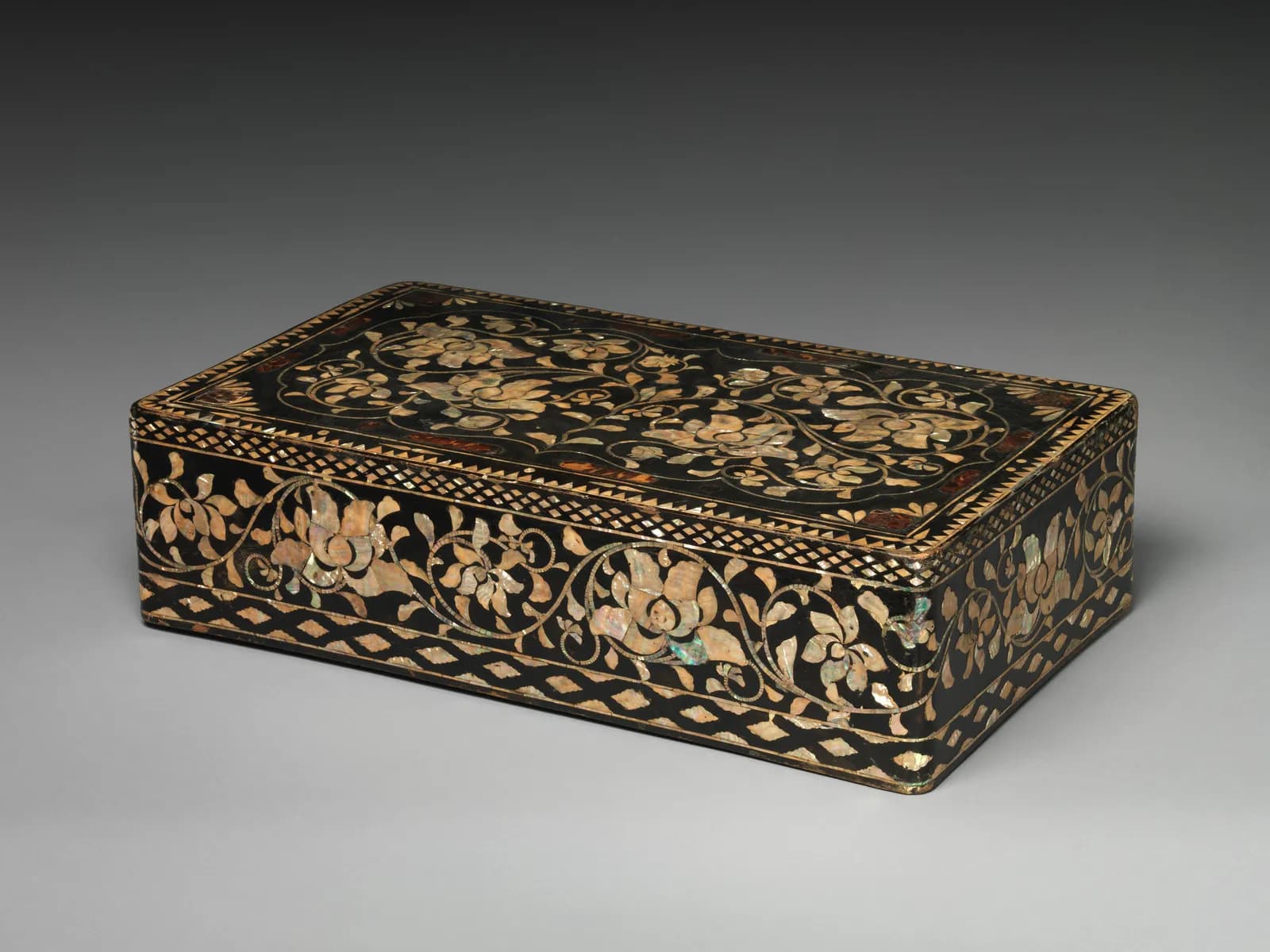 Black lacquer box with mother-of-pearl peony scroll inlay