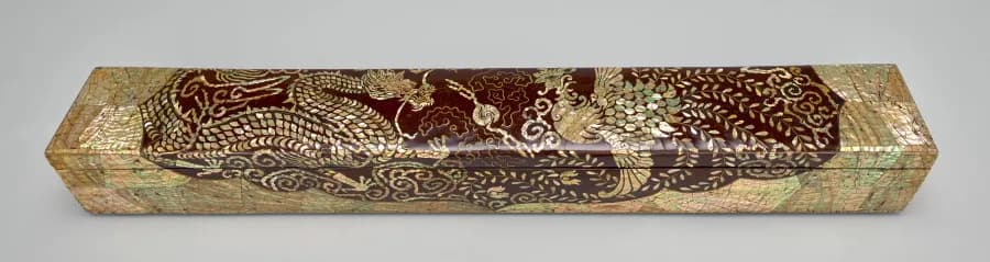 Scroll box with mother-of-pearl dragon and phoenix on dark red lacquer