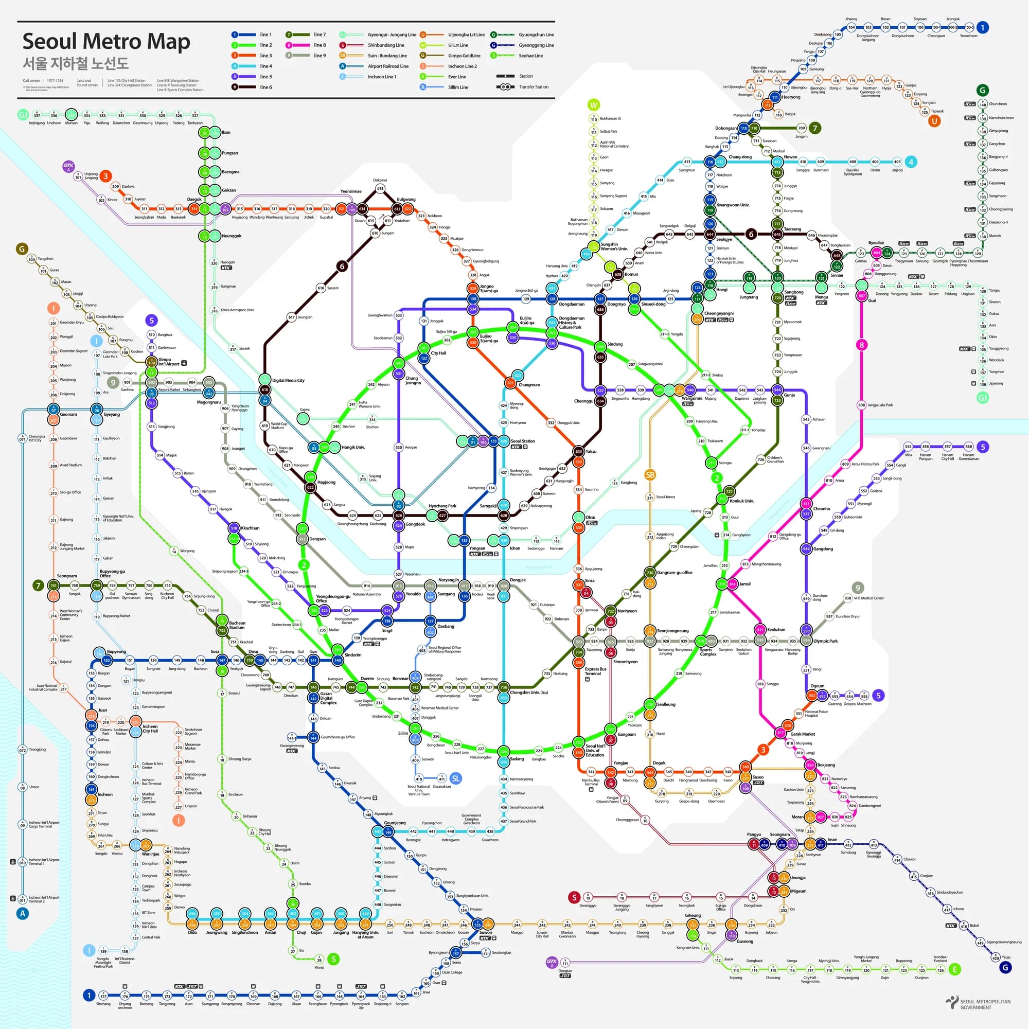 Seoul Metropolitan Subway Map with all lines and stations in English