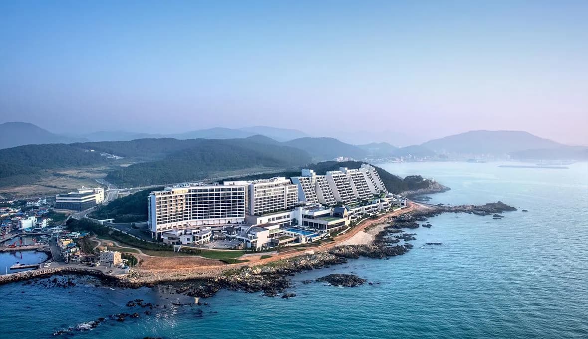 Aerial view of the Ananti at Busan Cove complex on the Gijang headland with the East Sea coastline