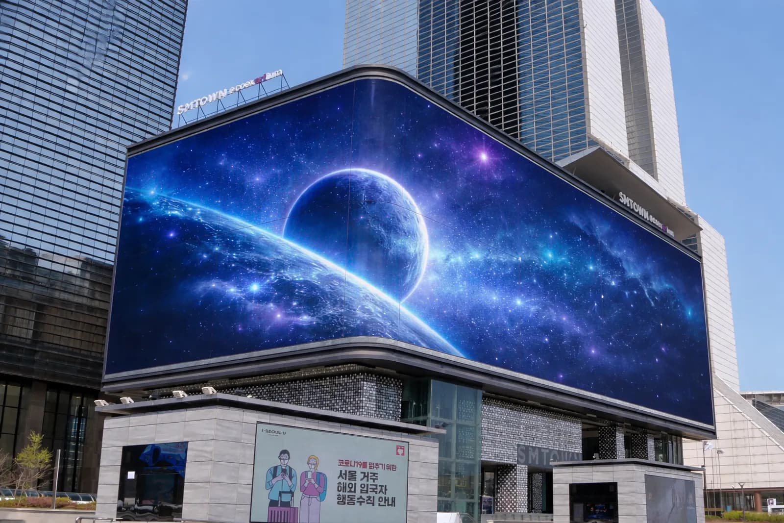 COEX K-Pop Square 3D LED screen displaying an anamorphic galaxy illusion