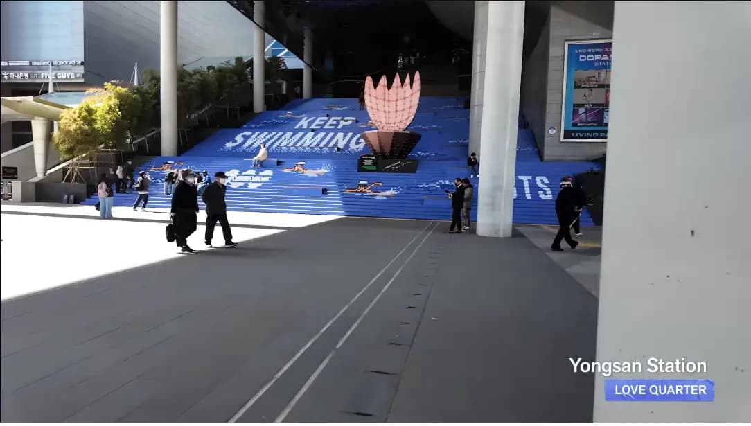 BTS THE CITY ARIRANG SEOUL LOVE QUARTER projection mapping on Yongsan Station plaza stairs
