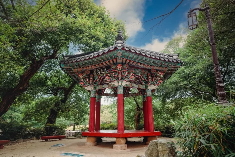 Garden landscape with bridge and pavilions at Gwanghallu in Namwon