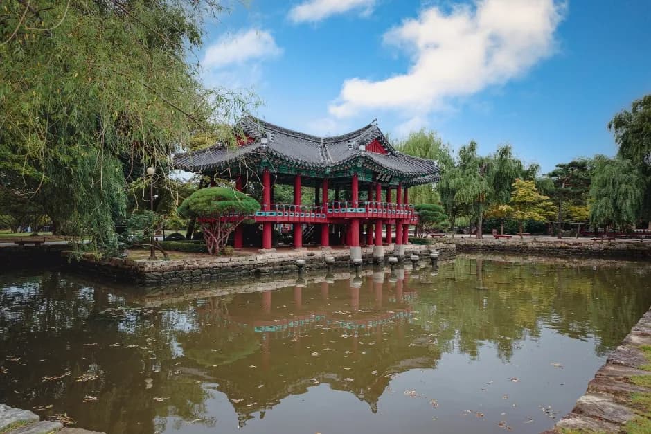 Gwanghallu Pavilion reflected in the lotus pond at sunset in Namwon