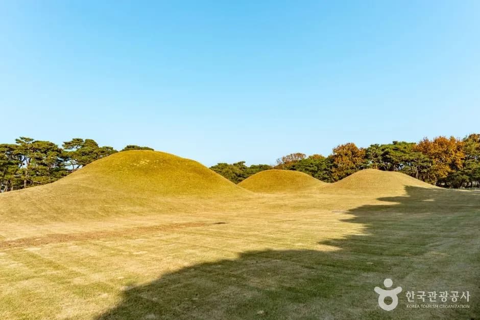 Grassy burial mound at Gyeongju Oreung with traditional stone fence