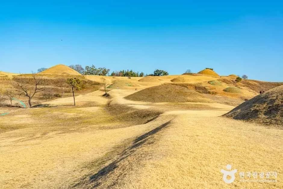 Walking path through the Ara Gaya tumuli at Marisan Mountain in Haman