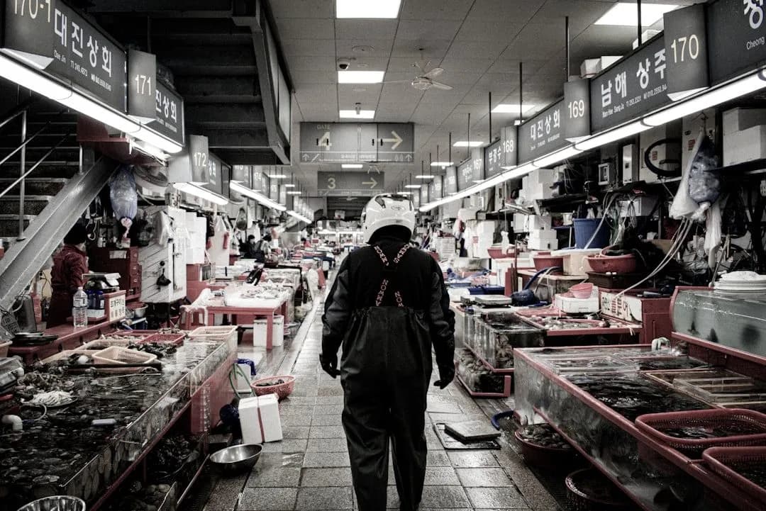 Fresh seafood stalls at Jagalchi Fish Market in Busan