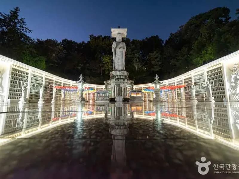 Bongeunsa Temple Maitreya Buddha statue illuminated at night in Gangnam