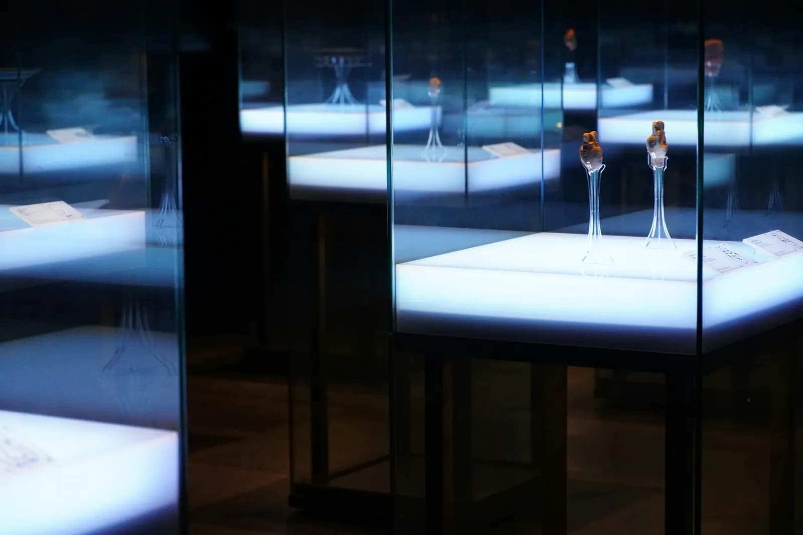 Exhibition hall with glass display cases inside the National Museum of Korea