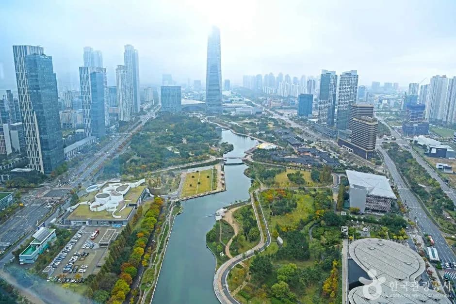 Aerial view of Songdo Central Park and skyline from G-Tower observatory