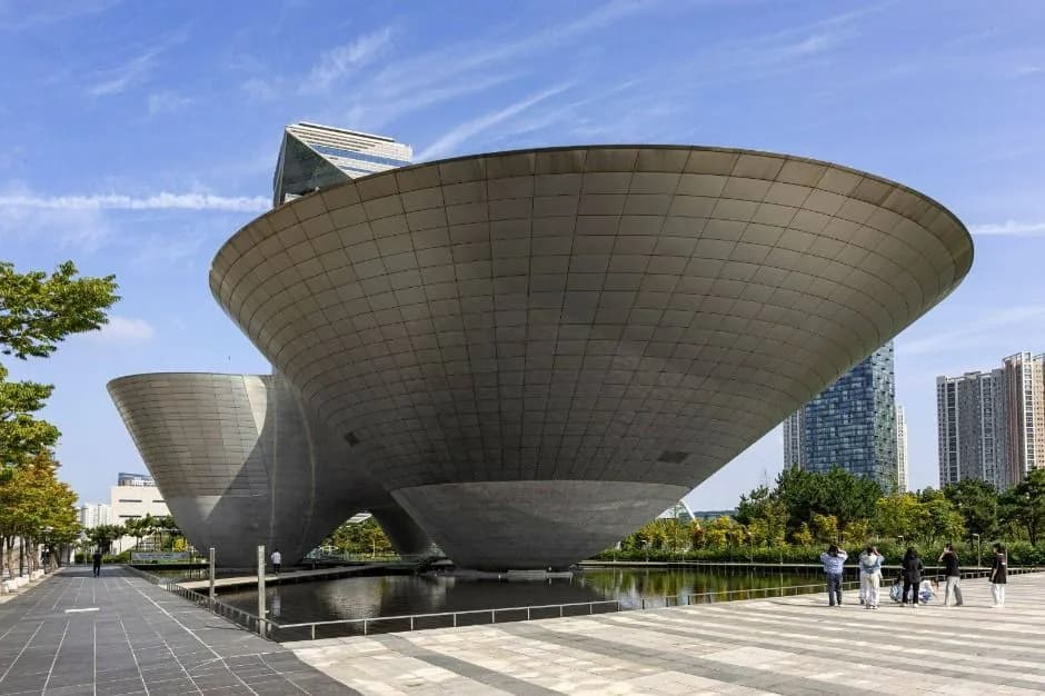 Tri-Bowl cultural arts center with three metallic bowl-shaped structures in Songdo, Incheon
