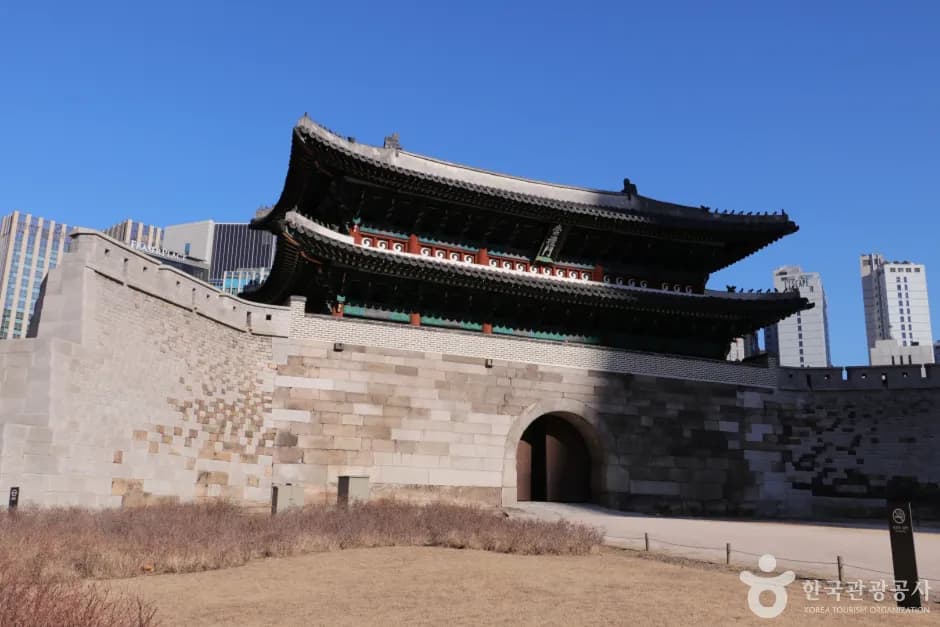 Sungnyemun Gate, Korea's National Treasure No. 1, against a clear blue sky in Seoul