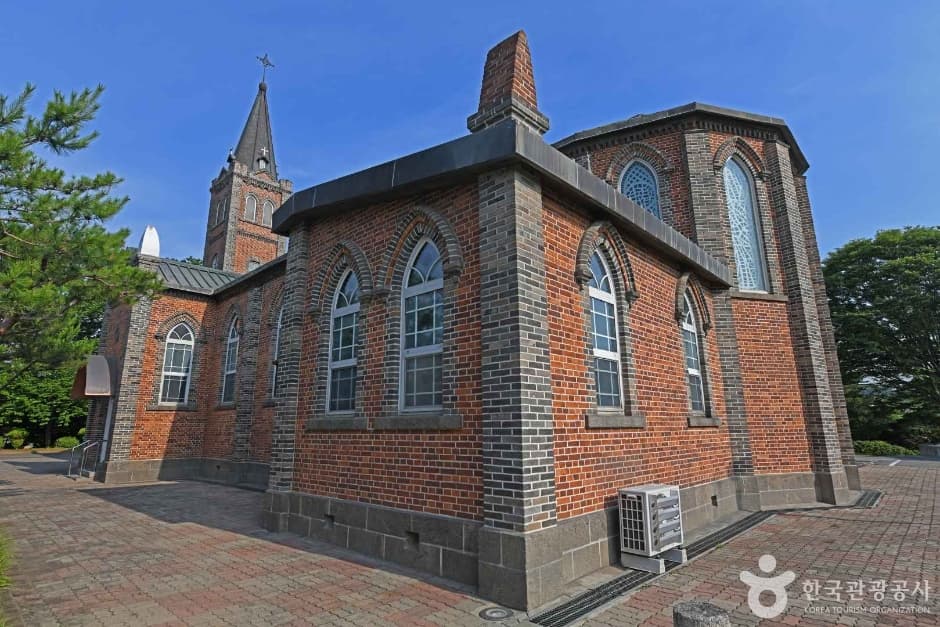 Side view of the red-brick Jungdong Catholic Church