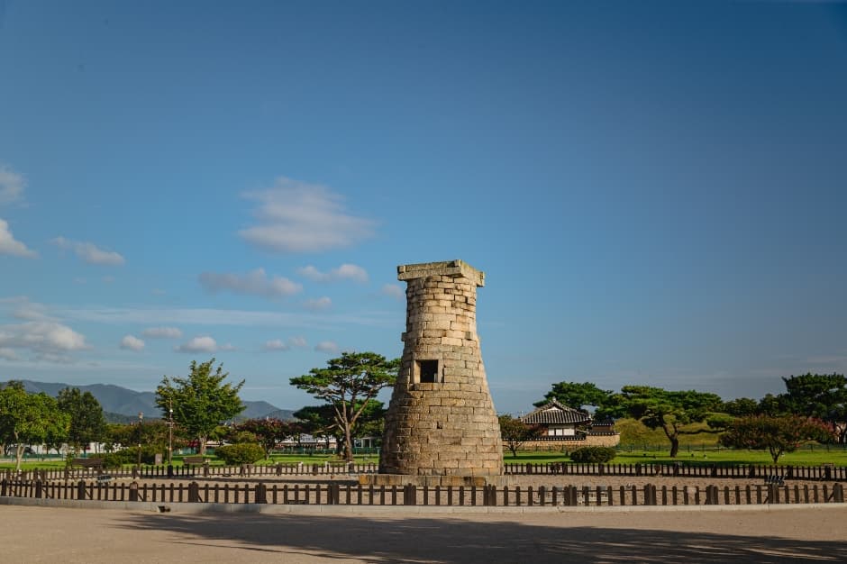 Cheomseongdae Observatory stone tower standing in an open field in Gyeongju