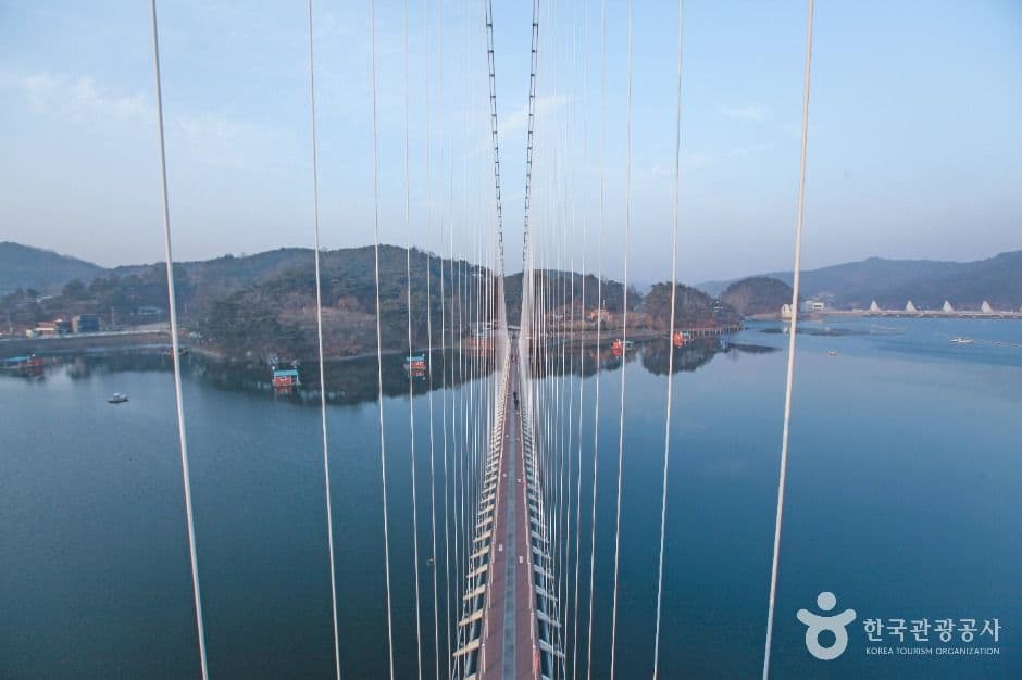 Aerial view of Yedangho Suspension Bridge and Music Fountain