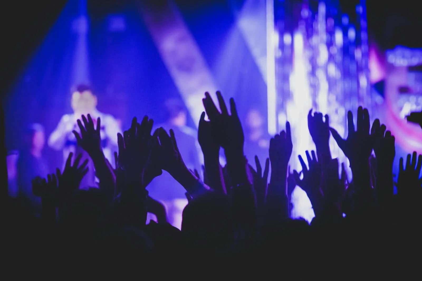 Fans raising hands at a K-pop concert with purple stage lights