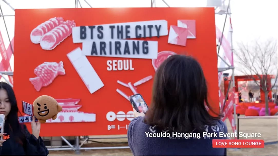 BTS THE CITY ARIRANG SEOUL LOVE SONG LOUNGE title wall at Yeouido Hangang Park