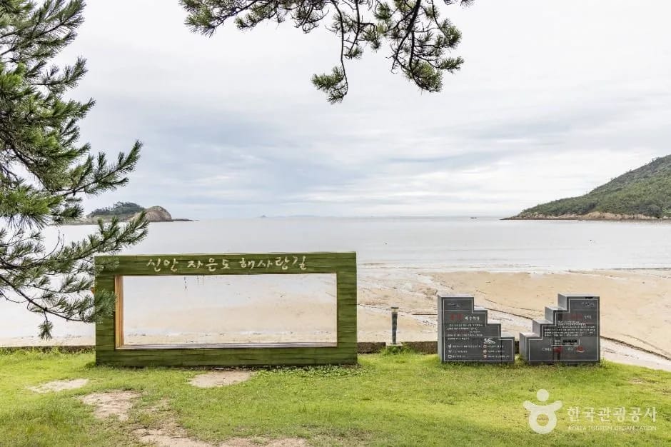 Bungye Beach and the sea framed by the pine forest, Sinan