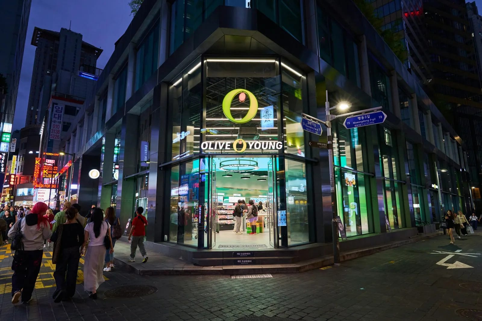 Myeongdong shopping street at night with neon lights