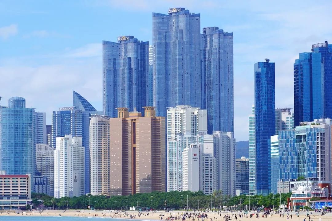 Haeundae Beach panoramic view with high-rise buildings and blue ocean