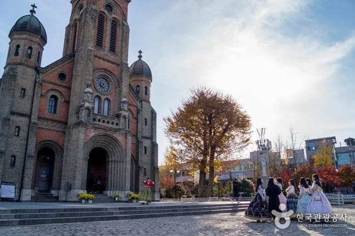 Jeondong Cathedral red brick Romanesque facade in Jeonju