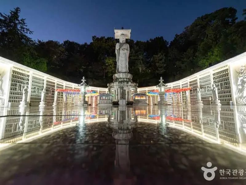 Bongeunsa Temple Maitreya Buddha statue illuminated at night in Gangnam