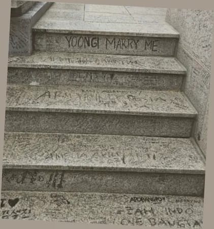 Staircase covered with fan graffiti at the old Big Hit Entertainment building in Gangnam