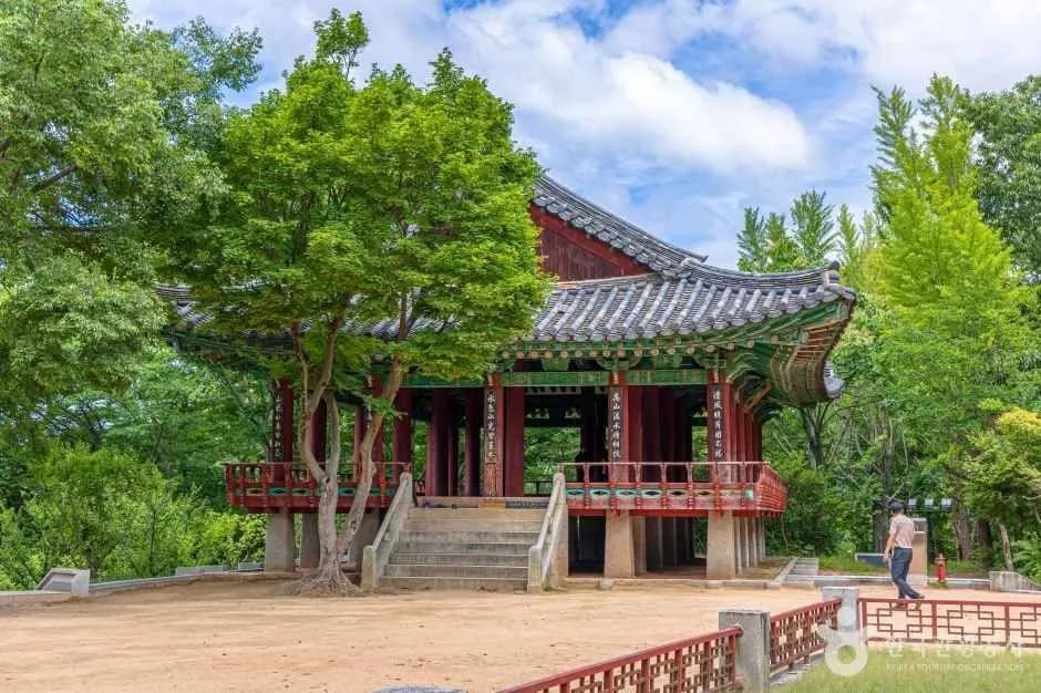 Panoramic view of Jeonju Hanok Village tile roofs from Omokdae hilltop
