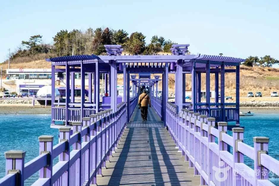 The lilac pergola walkway of the Purple Bridge over the sea on Purple Island, Sinan