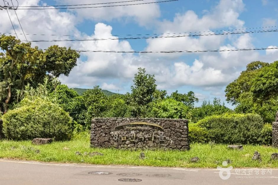 Traditional thatched-roof houses and stone walls at Seongeup Folk Village, Jeju