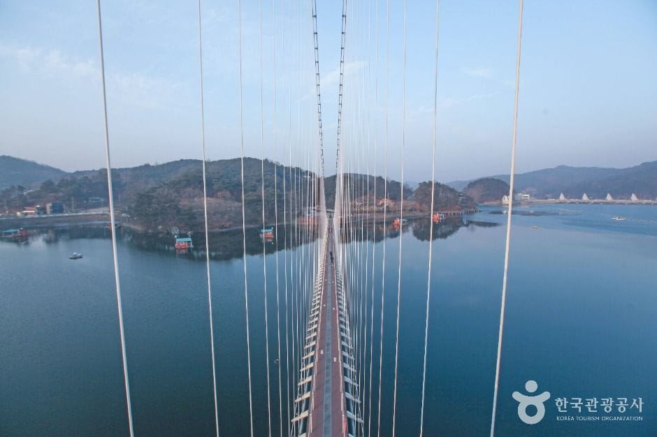 Aerial view of Yedangho Suspension Bridge and Music Fountain