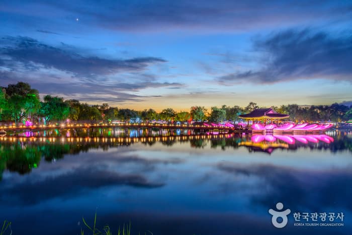 Lotus-covered Gungnamji Pond with traditional red bridge and pavilion in Buyeo